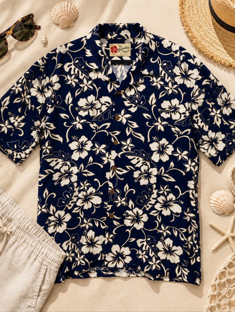 Vtg Hilo Hattie Navy White Tropical S Sleeve Hawaiian Shirt. Mens XXL